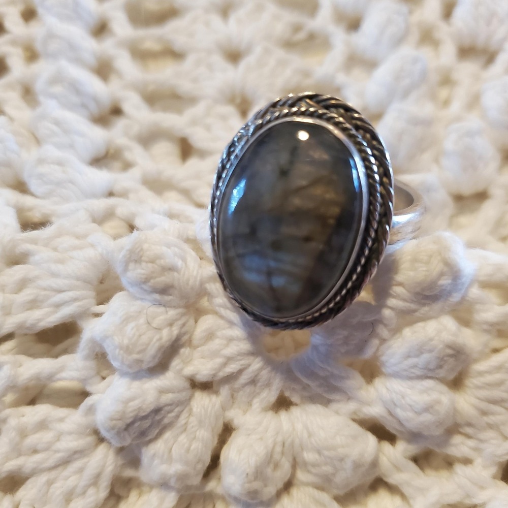 Sterling Silver 925 Gray Oval Cabochon Gemstone Ring Size 10 Boho Statement